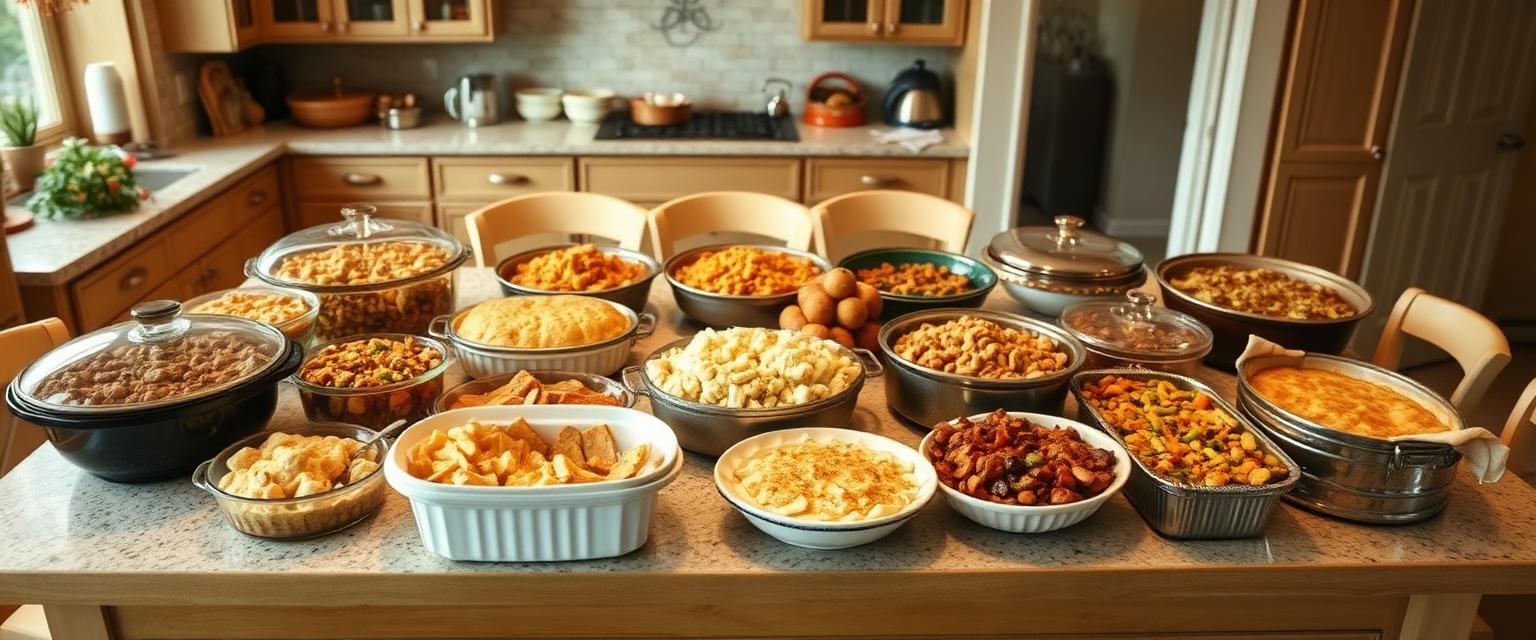 A neighborhood potluck spread of casserole dishes and pie plates on a kitchen island